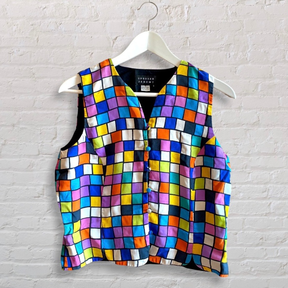 VTG Spenser Jeremy Rainbow Check Button-Up Vest
